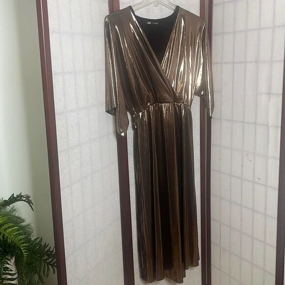 Zara Metallic Bronze Wrap Dress - Picture 3 of 9